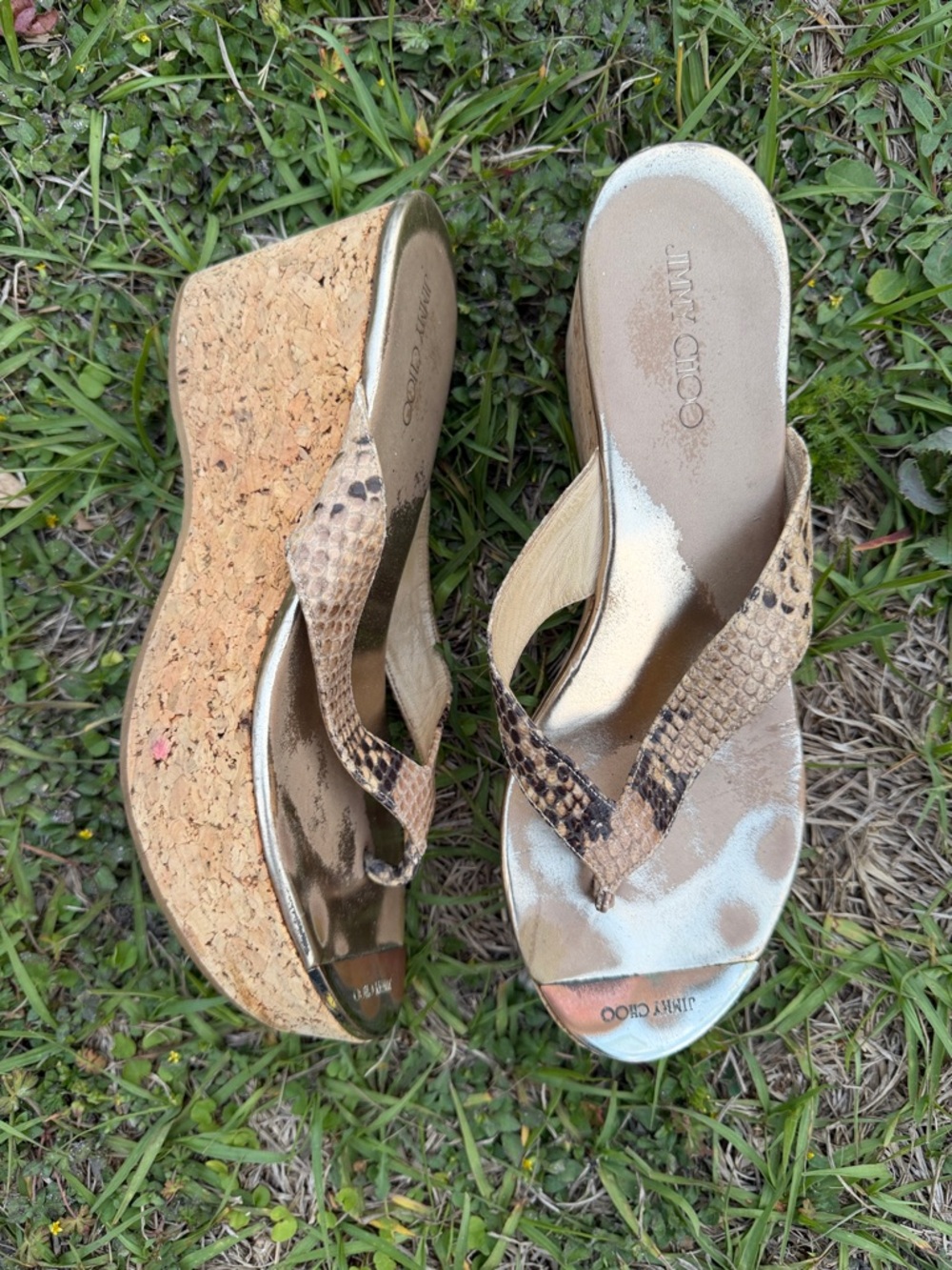 Jimmy Choo Gold Snake-Print Wedge Thong Sandals - Picture 2 of 6